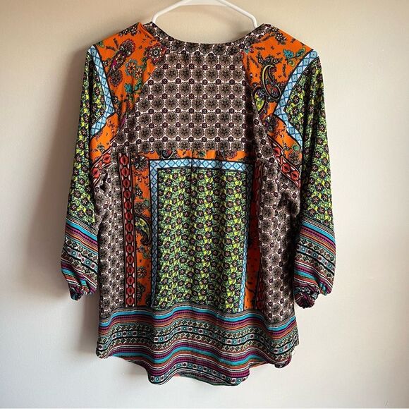Figueroa & Flower Boho Paisley Tie Neck 3/4 Sleeve Blouse - Picture 6 of 6